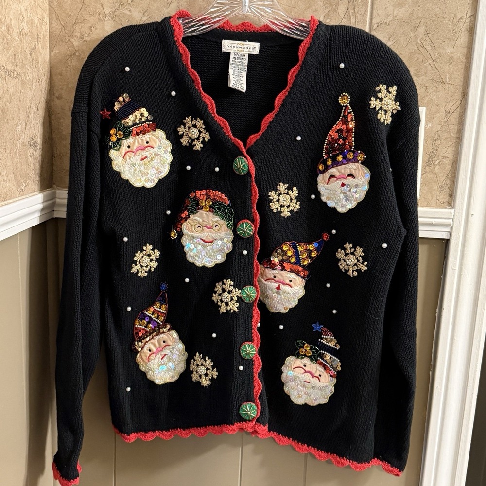 Yarnworks UGLY GAUDY CHRISTMAS SWEATER SZ M Santa Snowflakes‎ Beads Sequins